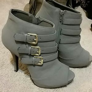 Grey ankle booties w/gold buckles