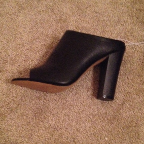 Black faux leather slip on heels