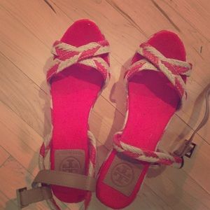 Tory Burch nude and red wedged sandals