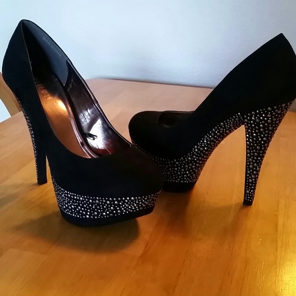 Black Faux Suede Rhinestoned Platform Pumps NWT