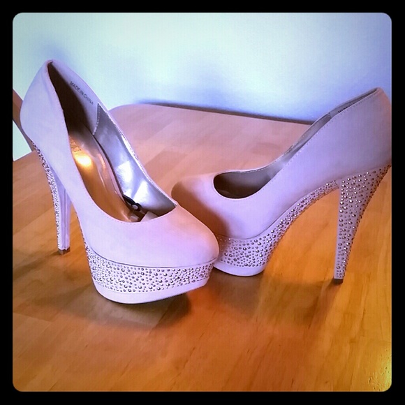 Nude Faux Suede Rhinestoned Platform Pumps NWT