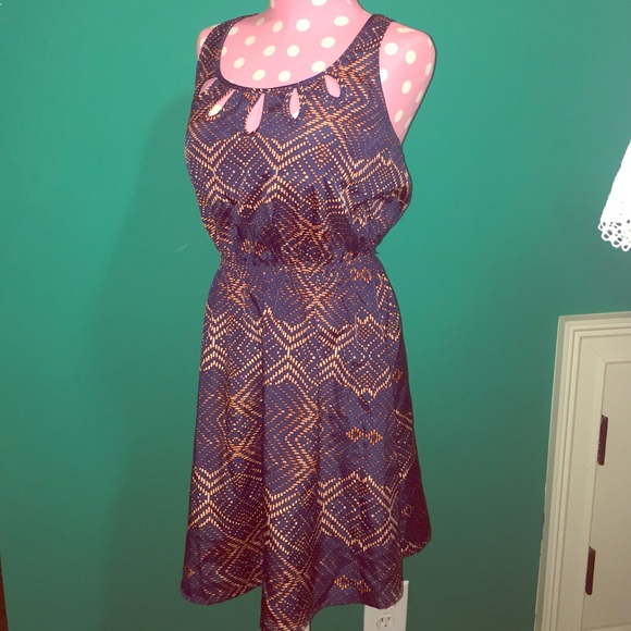 Cute Summer Navy & Orange Print Dress- Polyester!