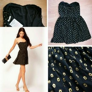 NWT Gold Foil Chiffon Strapless Dress - Black