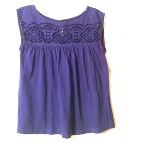 Loft petite blue top lace detailing along neckline