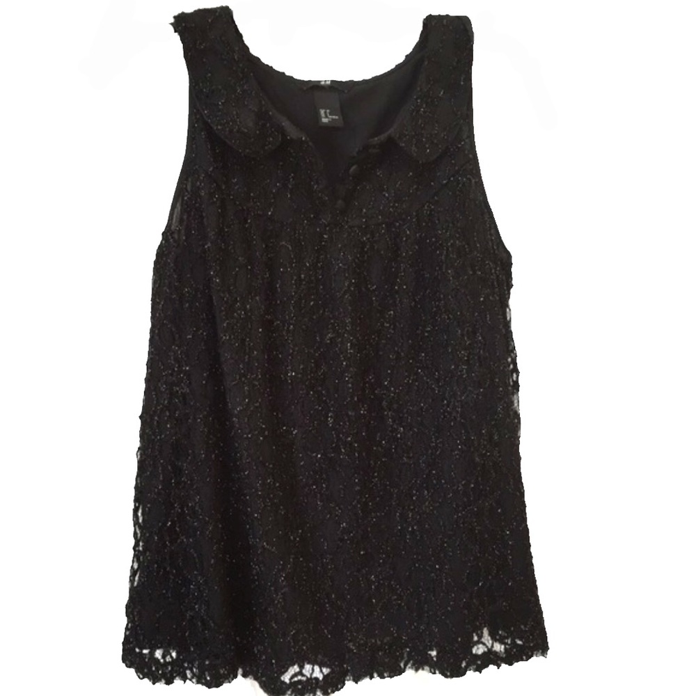 H&M embellished beading black top Peter Pan collar