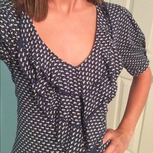 Banana Republic navy/creme printed ruffle top