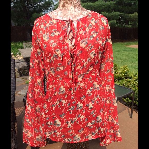 JOIE Red, Ivory and Blue/Gray Silk Blouse M