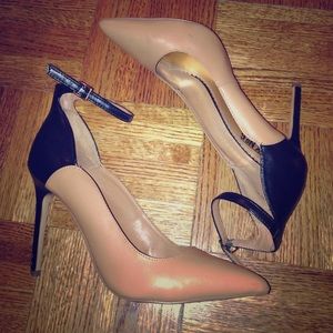 Tan and black color block heels