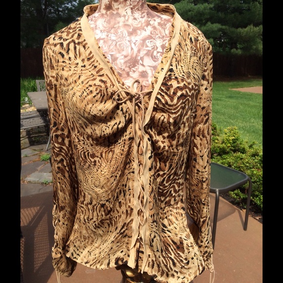 MAX STUDIO Lace Up Animal Print Silk Blouse Sz M