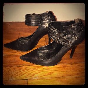 Black strap pointy heels
