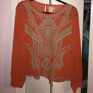 Flying tomato orange sheer blouse with embroidery