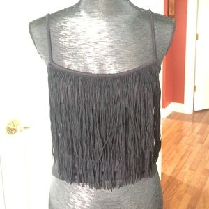 Funky black fringe top by Cache