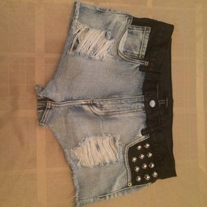 Leather and Denim Ripped Shorts