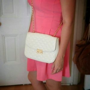 Cream Quilted Purse with Long Chain