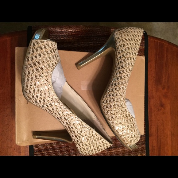 Audrey Brooke Gold peep toe heels