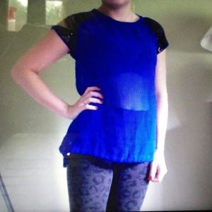 Sheer Blue top with Black Shimmery Shoulder