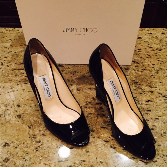Jimmy Choo size 38/8 black patent leather wedges