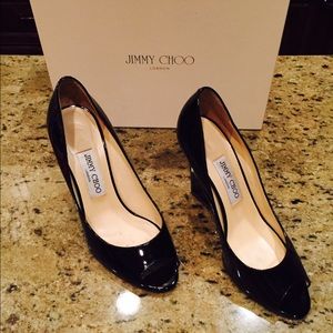 Jimmy Choo size 38/8 black patent leather wedges