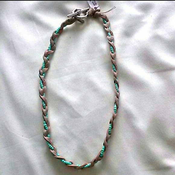 Brown leather and turquoise blue braided necklace