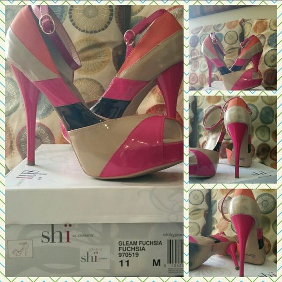 Fuchsia, tan, orange & black platform pumps