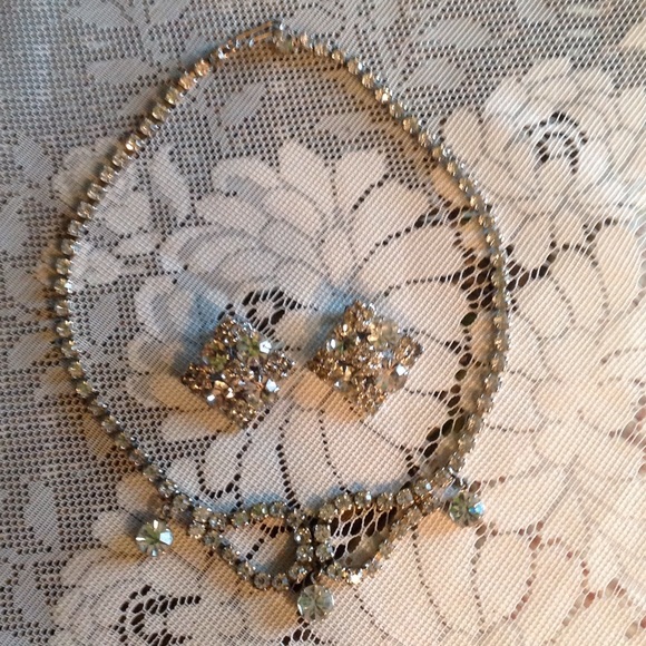 Vintage Clear Rhinestone Earring & Necklace Set - Picture 2 of 3