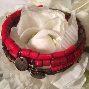 Brass and Red Bead Stretch Wrap Bracelet