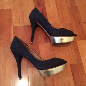 Zara black suede peep toe heels with gold platform