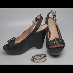 Nine West Denim Buckle Wedge 7 NWOT