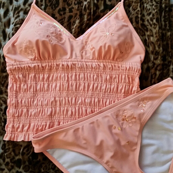 Xhilaration peach shirred tankini top & bottoms