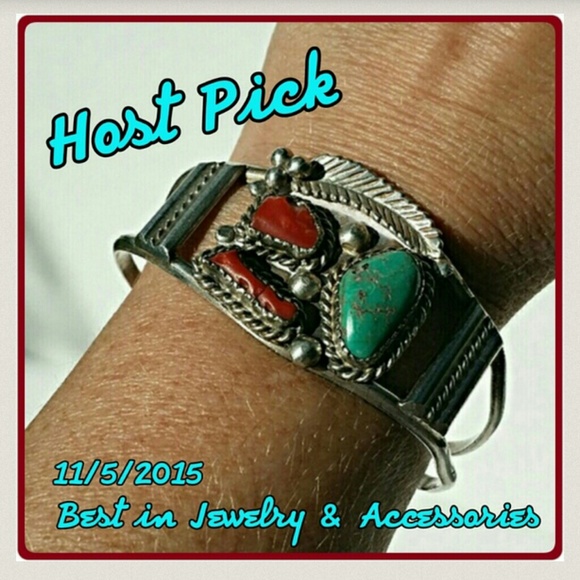 Vintage Jewelry - Silver Turquoise & Coral Cuff