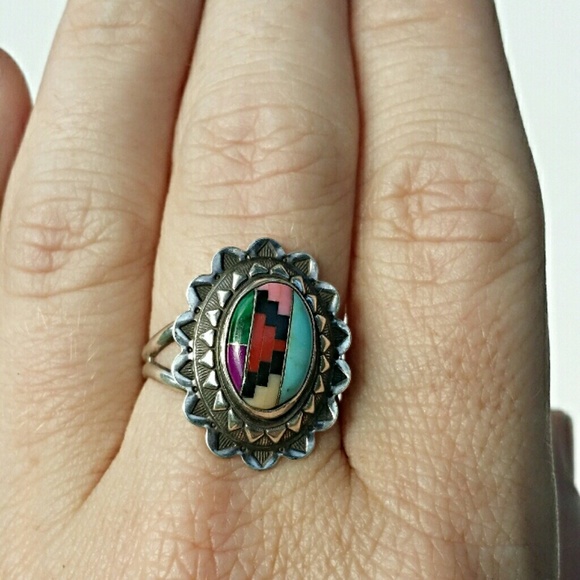 Zuni Jewelry - Native American Zuni Multi Stone Inlay Silver Ring