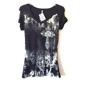 Black graphic t-shirt with cutouts