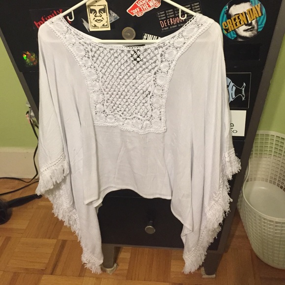 Boho White Crochet Poncho