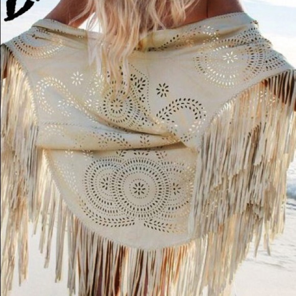Long Beige Fringe Shawl Kimono One Size Microsuede