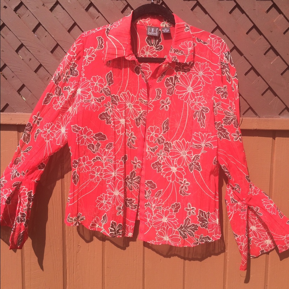 Fun sheer red/black/white flower top.