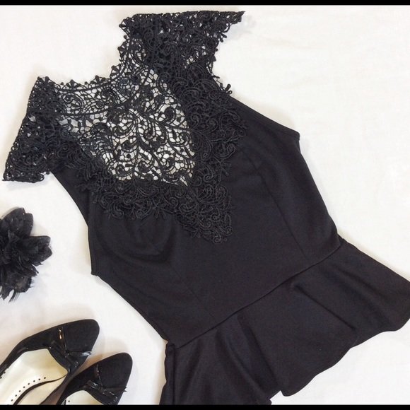 Black,  Lace Neck,  Peplum Top. - Picture 3 of 4