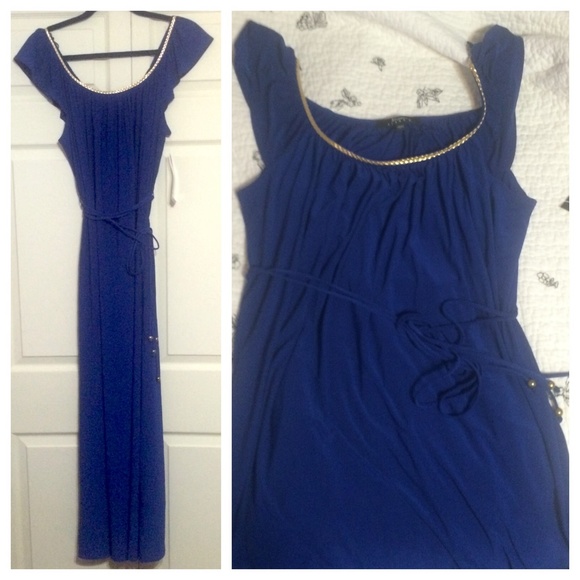Blue maxi with empire tie and gold braided detail