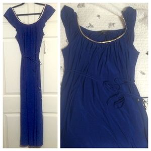 Blue maxi with empire tie and gold braided detail