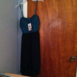 Blue/green dress w/ high low mesh with a underlay