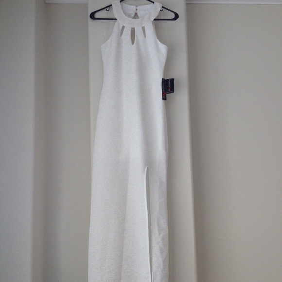 Off-White and gold sparkled dress with slit.