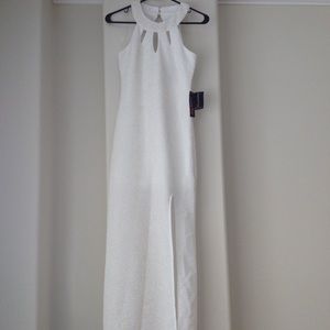 Off-White and gold sparkled dress with slit.