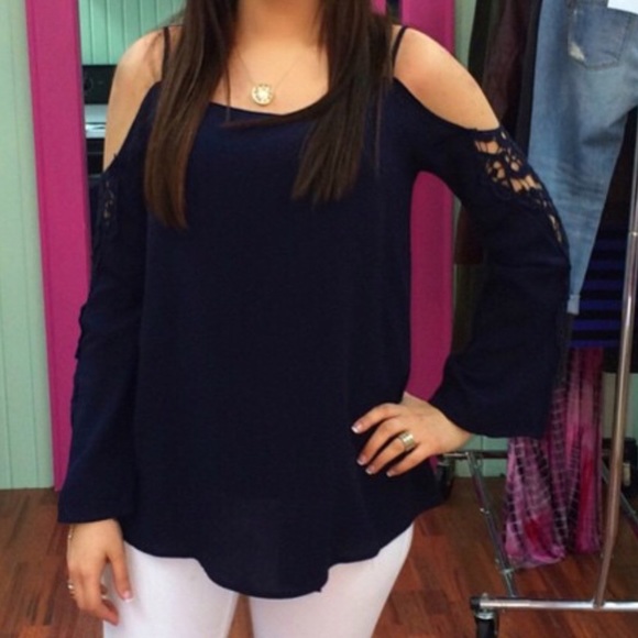Navy Laced-Sleeve Top