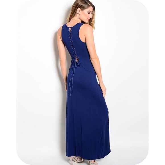 NWT NAVY BLUE MAXI DRESS W/BACK CORSET LACING - Picture 2 of 3