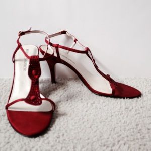 Cranberry red open toe heels with red jewels