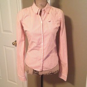 Orange and White Button-Up Shirt with Collar.