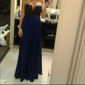 Black leather and blue long elegant dress