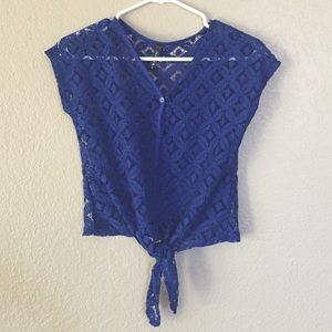 Full Tilt cropped lace button up shirt with tie