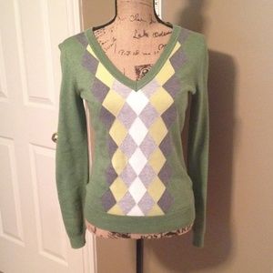 Green argyle v-neck sweater