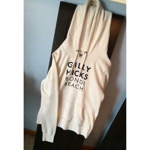 white gilly hicks hoodie w/ navy lettering
