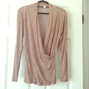 Long sleeve tan and white cotton blouse